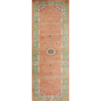 Soft Rose Color Wool Pile Antique Chinese Art Deco Hallway Runner Rug