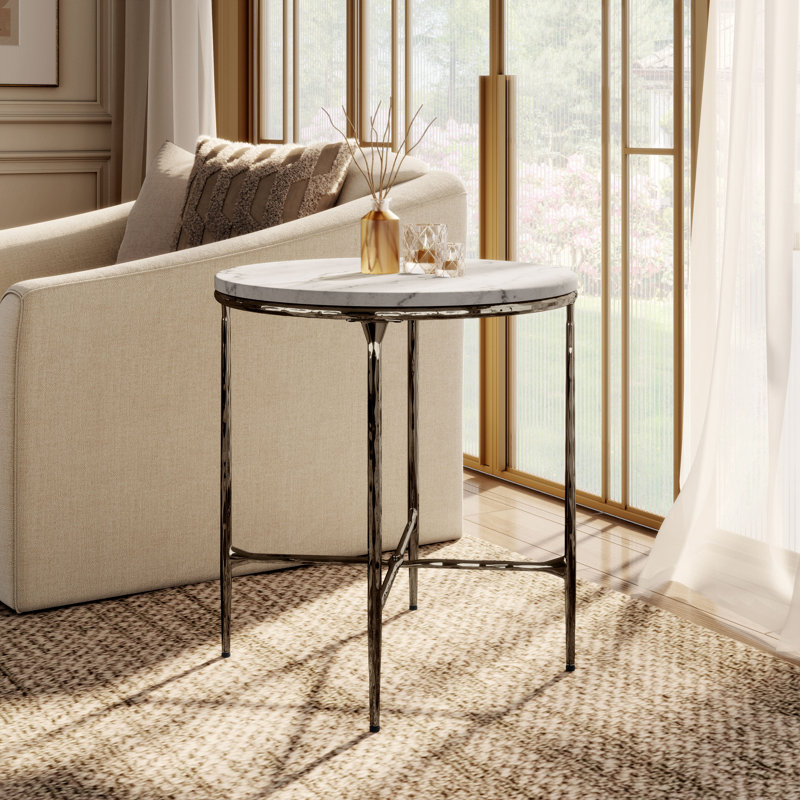 Aureum 22"W Round Genuine Marble End Table with Hammered Metal X-Brace