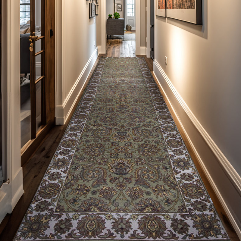 Tapis de couloir vert et ivoire de haute qualité noué à la main Trinity