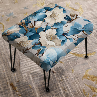 White And Blue Bliss Floral Pattern I - Floral Rectangle Ottoman