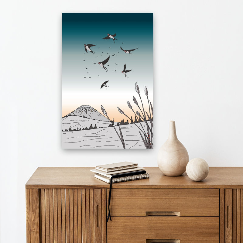Serene Swallows Winter Mountain Contemporary Landscape Nature, impression murale, H 18 po x l 12 po