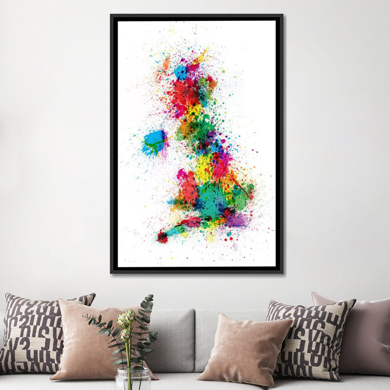 « great uk uk map painting splashs » par michael tompsett paintig, reproduction sur toile, H 26 po x l 18 po x P 1,5 po