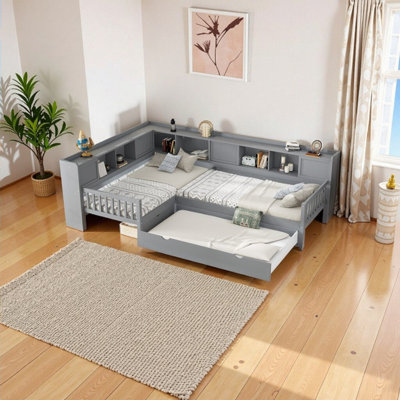Solid Wood L-Shaped Twin Platform Bed With Trundle And Storage Twin Size by Harriet Bee