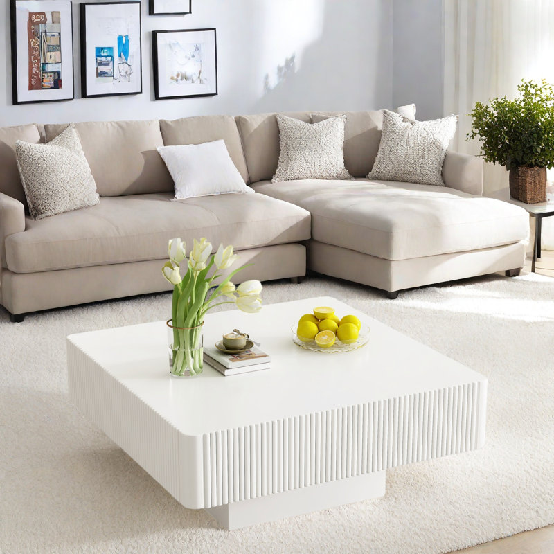 Table basse carrée élégante avec plateau épais et cannelé, Blanc