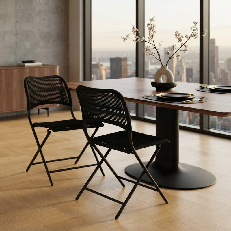 Chaises de patio pliantes en corde tissée Reno Modern, Double noir profond