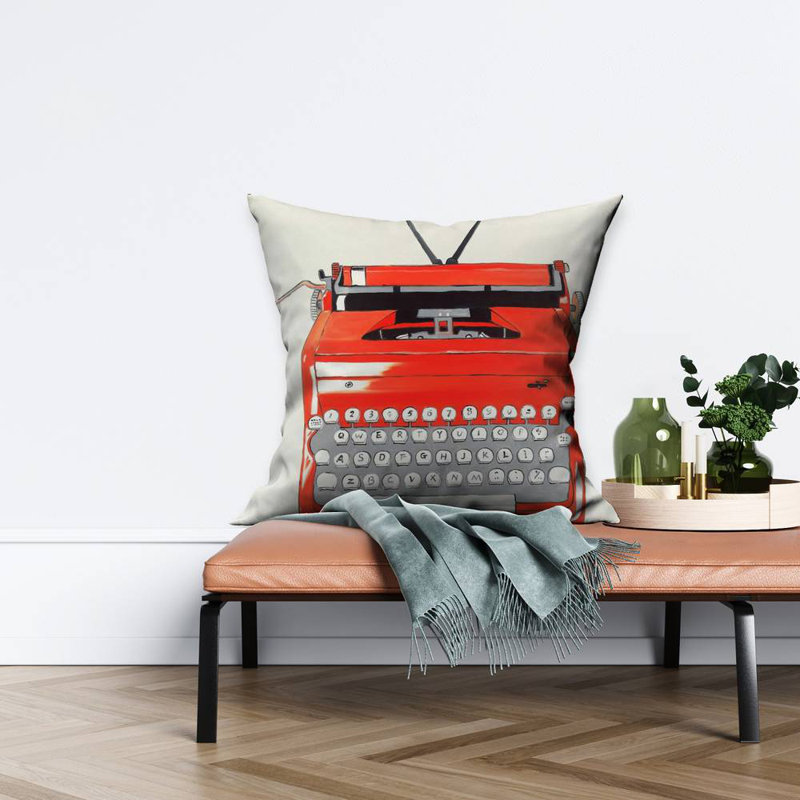 Red Typewriter Machine | Beige Poly Twill Throw for Decor