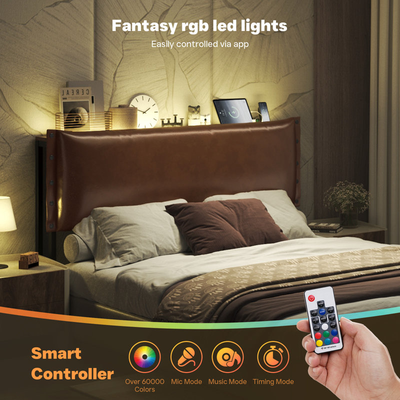 Headboard for King Size Bed,Retro Oil-Waxed Leather Upholstered Head Board with Smart LED Lights (60,000 DIY Colors), Hidden Storage & USB/Type-C Ports, 3-Level Height Adjustable