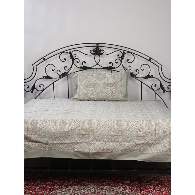 Exotic India Pure Cotton Bedsheet Single Bed Size Handblock Printed with Pillow Cover