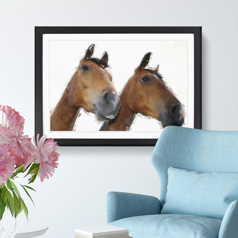 Two Chestnut Brown Horses in Abstract - Picture Frame Painting Print, 48cm H x 65cm W x 2cm D, Black Framed