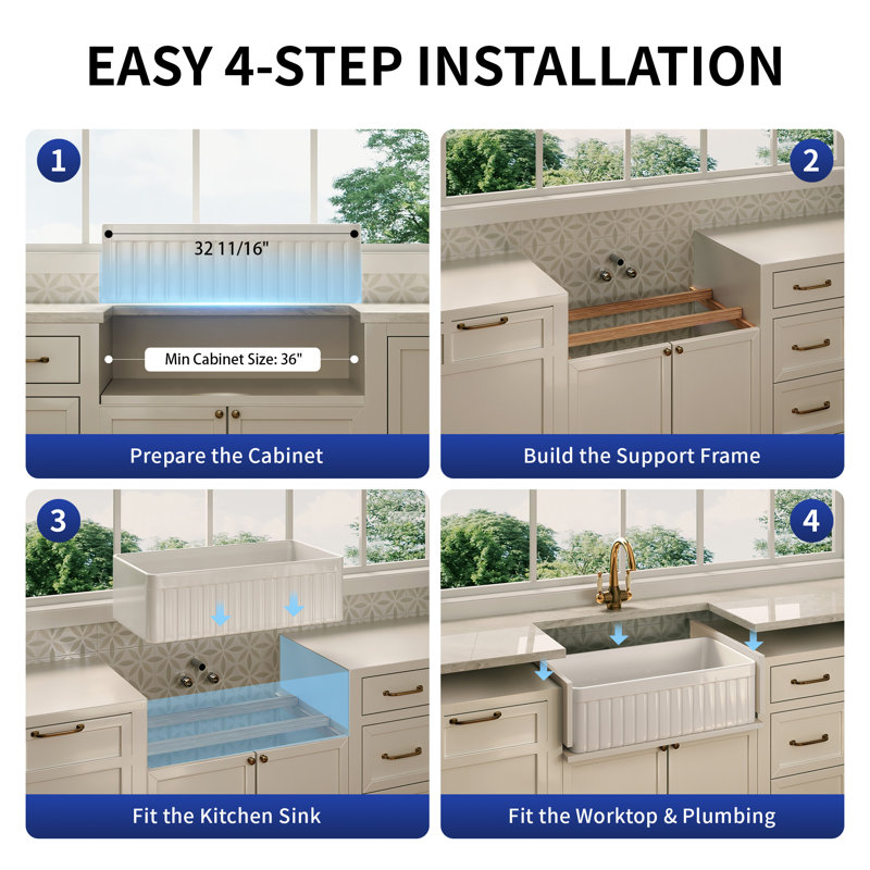 DeerValley Solstice 33" L x 18" W Fireclay Farmhouse Kitchen Sink with Sink Grid and Basket Strainer, White