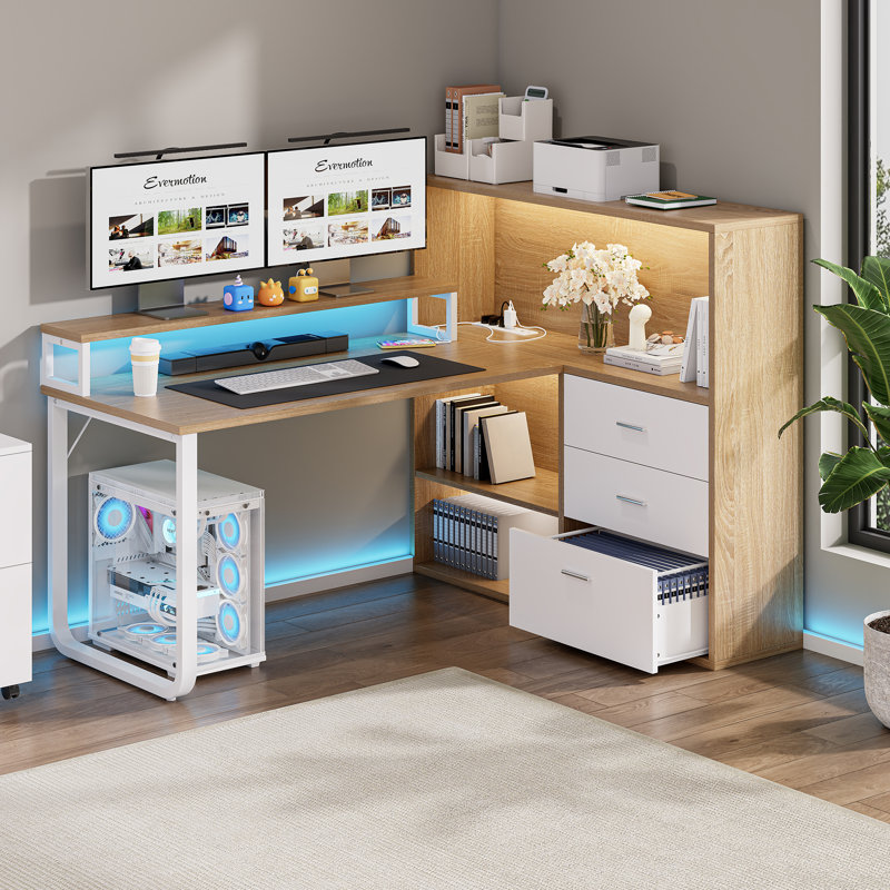 Jaemon L-Shaped Desk with LED Lights and 3 Drawers, Brown/White