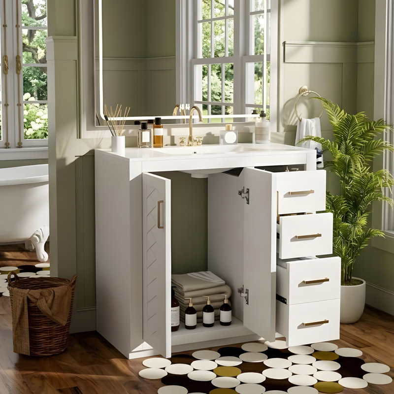 Meuble-lavabo de salle de bain avec lavabo en céramique, Blanc, 36