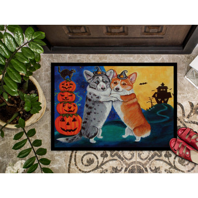 Tapis de porte d’extérieur anti-dérapant corgi halloween effray