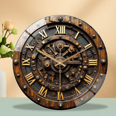 Vintage Wooden Gear Clock Roman Numerals Wall Decor Art - 12'' Modern Glass Wall Clock