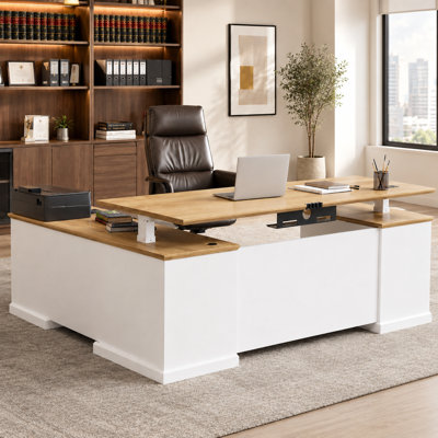 71" L-Shaped Electric Height-Adjustable Executive Standing Desk with Drawers, Built-In Power Outlets, File Storage and Privacy Panel for Professional Offices, Natural Oak/White