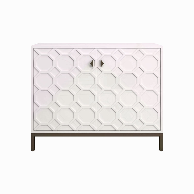 Rangement d'appoint moderne avec finition lustrée blanc moderne de 31,88 po de hauteur avec tablettes et revêtement métallique doré