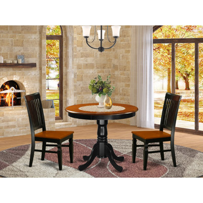 3 Piece Dining Set Contains a Round Dining Room Table with Pedestal and 2 Wood Seat Chairs, 36x36 Inch, Black & Cherry