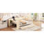 Lit plateforme tapissier pleine grandeur beige avec tablettes de rangement, station de charge et lit gigogne, confortable pour se détendre dans le rangement, charge de bureau, chambres partagées gigognes