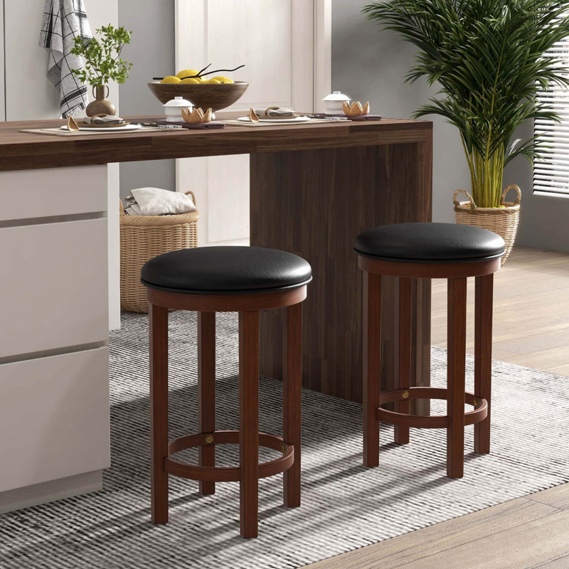 Winston Porter Bar Stools Set Of 2 Counter Height Stools With Round Seat & Footrest For Kitchen, Walnut, Black