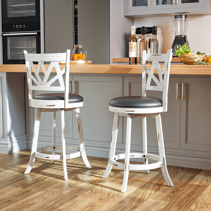 Swivel Upholstered Stool with Solid Wood Frame, White, Counter Stool (24" Seat Height)