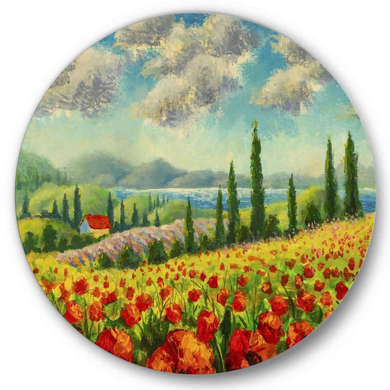 Magnifique paysage avec coquelicots en Italie, H 11 po x l 11 po x p 1 po