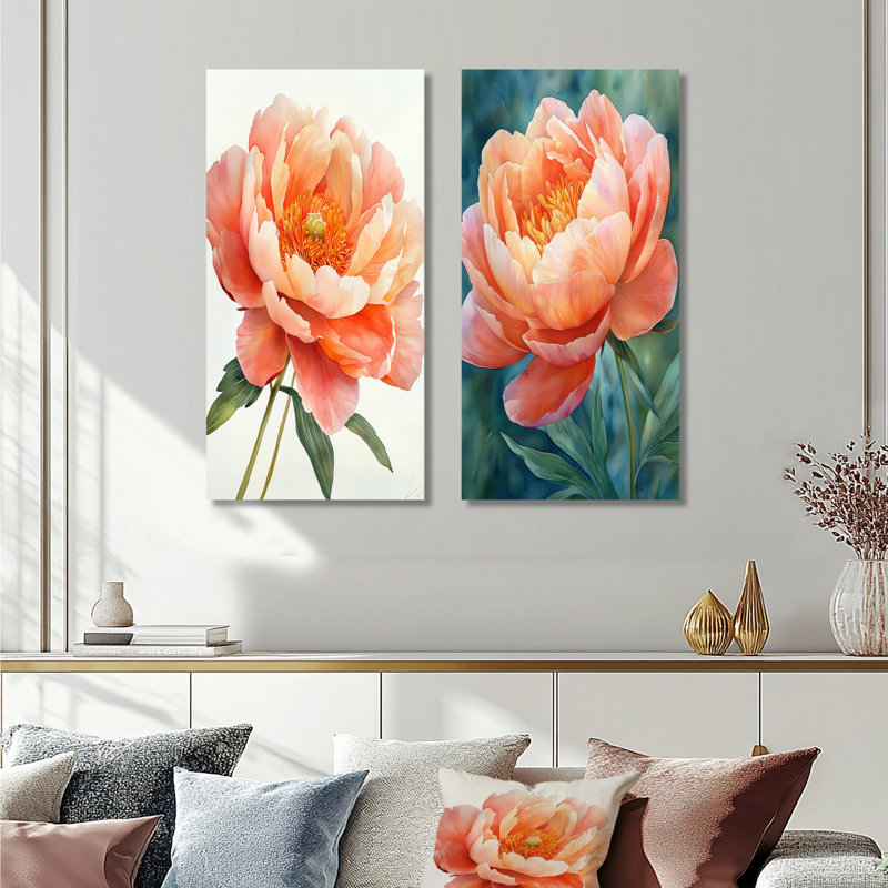 «Vibrant Coral Peony Reverie I», ensemble de 2 impressions murales en métal coquelicot orange, H 32 po x l 32 po