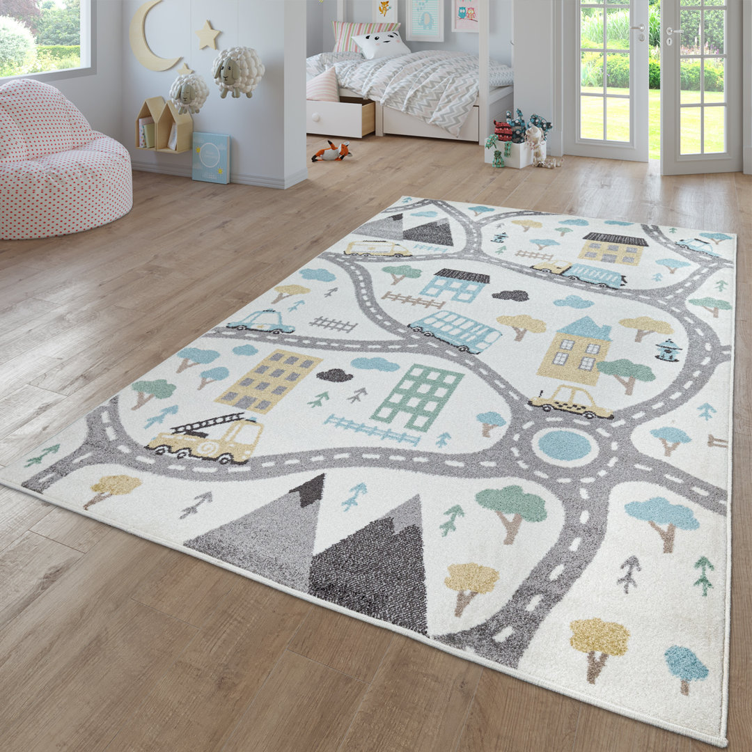 Nursery Rug With Streets Cars And Trees Motif In Pastel Colors Paco Home 