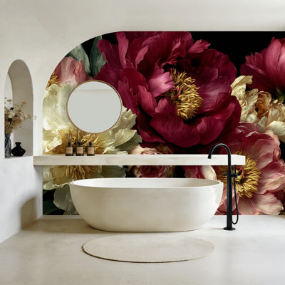 Floral Peel and Stick Wallpaper Opulent Floral Peonies Black Highlights Wall Murals 100"H x 144"W Removable PVC Wall Paper Self-Adhesive Wall Decor for Bedroom Living Room Home Office