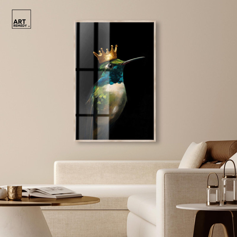 Art mural oiseau couronné azur II Shadowbox, H 55 po x l 37 po, Crème, crème