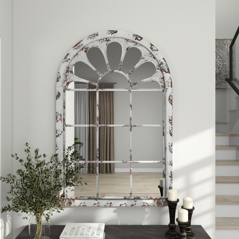 Devorah Metal Window Pane Inspired White Wall Mirror with Arched Top