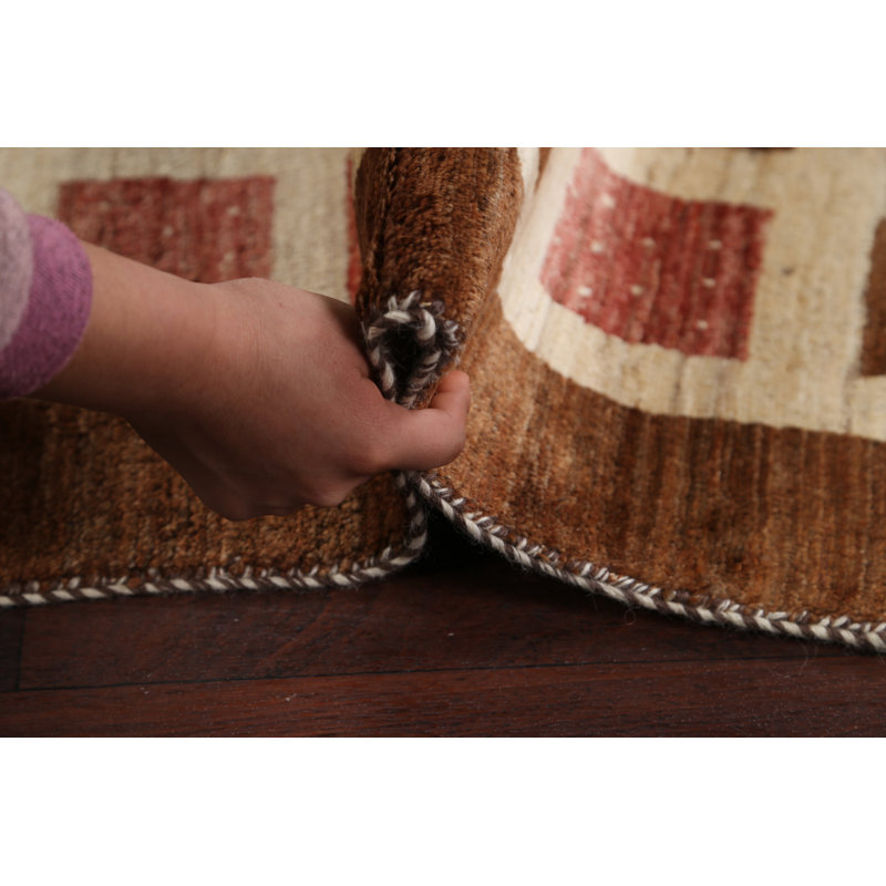 Tapis brun en laine noué à la main de conception unique 4 pi 9 po x 6 pi 2 po New Age