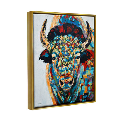 «Abstract Bison Kaleidoscopic Strokes» par Jen Seeley, peinture sur toile à cadre flottant