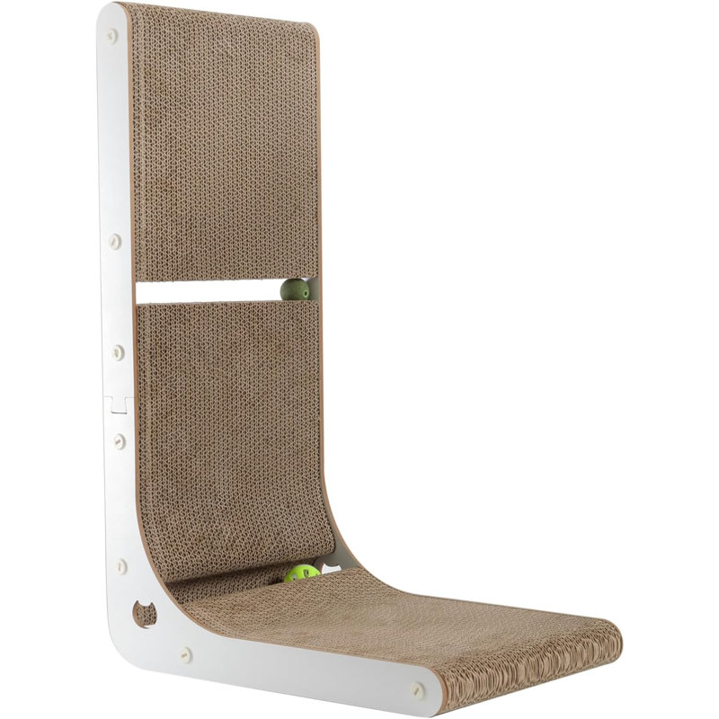 L-Shaped White and Brown Cardboard Cat Scratching Board with Catnip Toy Balls