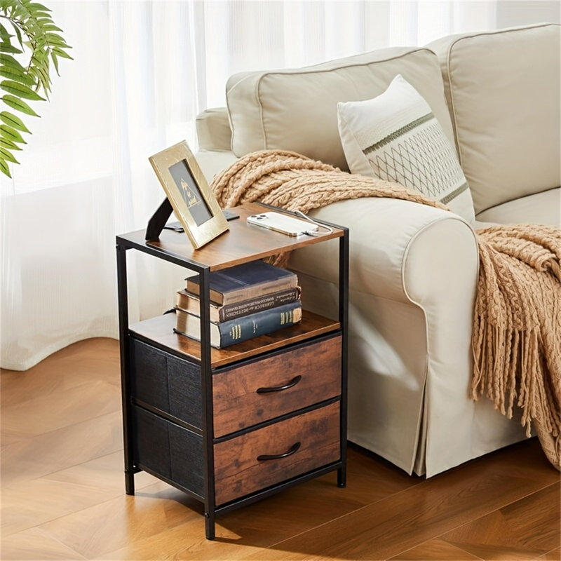 2PCS Nightstand With Charging Station,Modern Side End Table With USB Ports And Outlets End Table With 2 Fabric Drawers With Open Shelf  For Bedroom Living Room, Brown