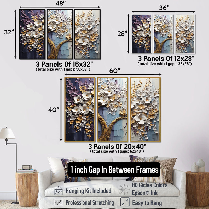 Arbre en fleurs avec fleurs blanches II - ensemble d'art mural arbre floral, H 28 po x l 36 po x P 1 po, Encadrement argenté