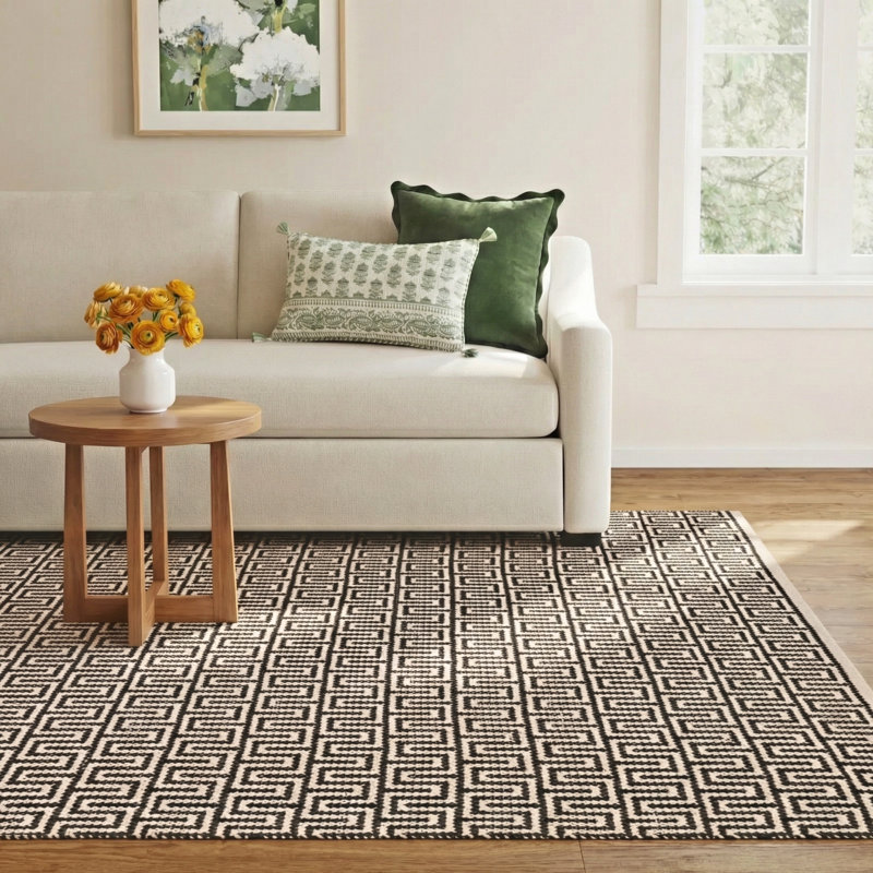 Bradshaw Zipper Black/Ivory Handwoven Cotton Rug, Rectangle 8' x 10'