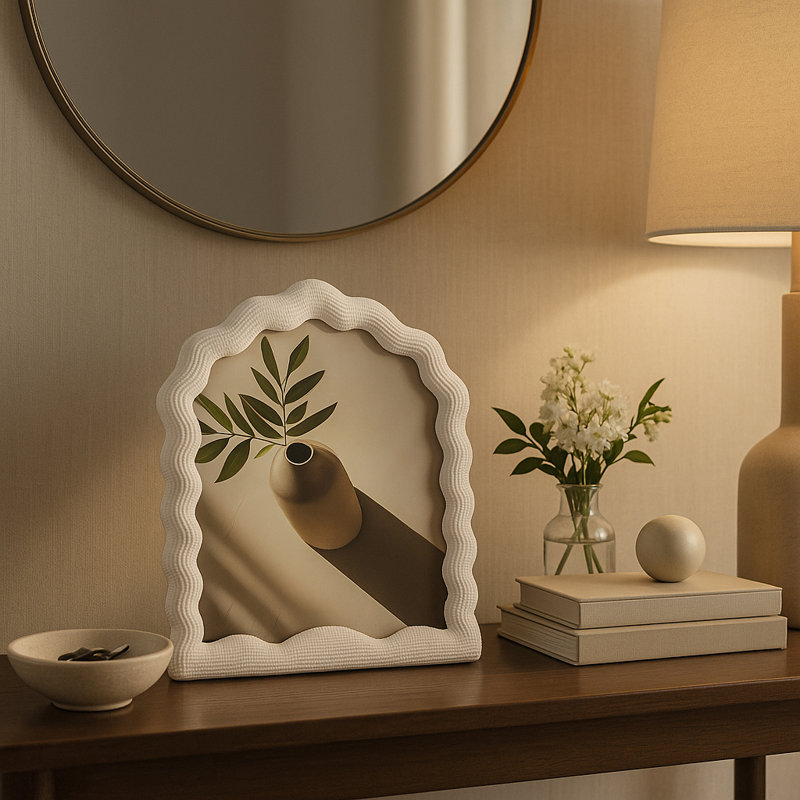 Decorative Wavy Arch Picture Frame with Textured Border - Cute Photo Frame for Entryway Table Display or Bedroom Decor - White