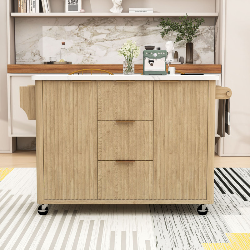 Rolling Fluted Kitchen Island with Drop Leaf, Power Outlet, 3 Drawers and Faux Marble Top, Natural/White