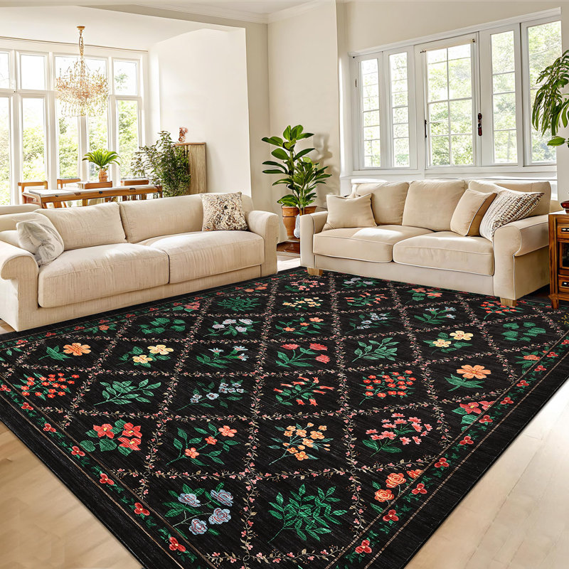 Modern Washable Area Rug 8x10 Rugs for Living Room Farmhouse Luxurious Soft Rug for Bedroom Trellis Colorful Rug Floral Throw Rugs Non Slip Carpet for Nursery Office 8'x10' Colorful