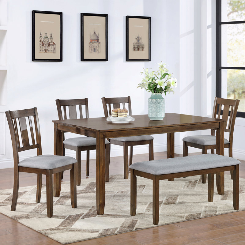 Ensemble de salle à manger de cuisine 6 pièces: table rectangulaire en bois et 4 chaises rembourrées + banc, pour 6 personnes