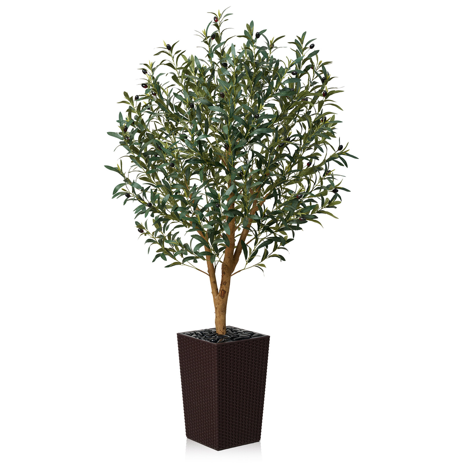 George Artificial Olive Tree with Decorative Pot, UV Resistant Faux Olive Tree with Natural Trunk, 60" H x 20" W x 20" D