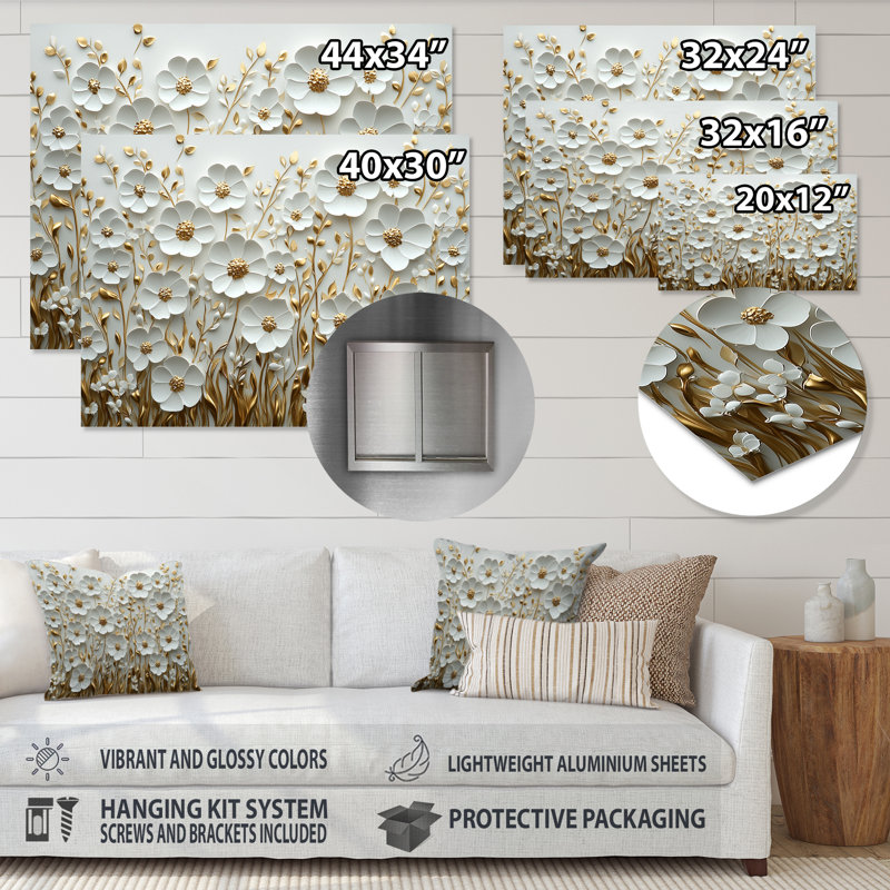 Décoration murale en métal Widlflowers Golden Creamy Blossoms In The Spring II - Wildflowers, H 16 po x l 32 po