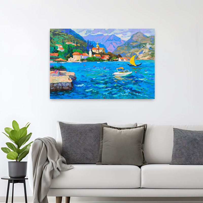 Art contemporain, paysage côtier serein, vibrant et coloré, H 32 po x l 48 po