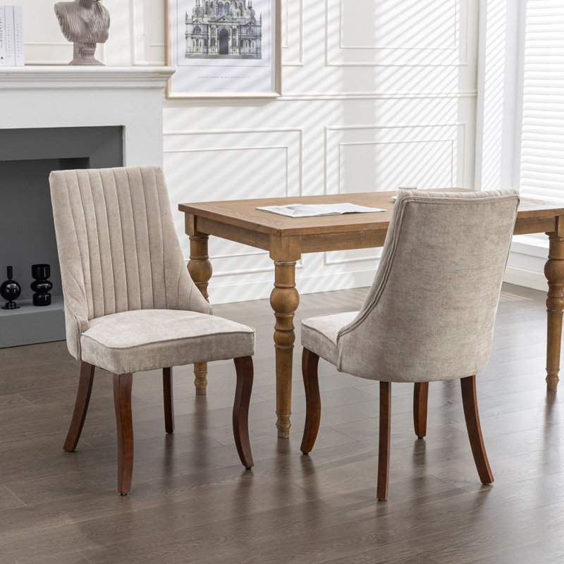 Chaises d'appoint rembourrées confortables (2 pièces) - Dossier haut, pieds courbés en bois massif, Beige
