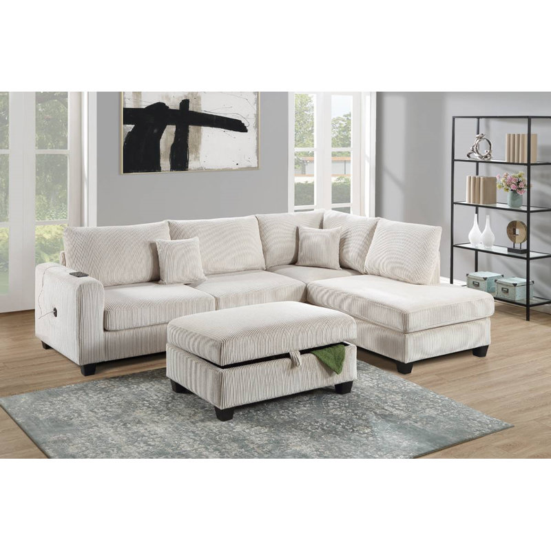 3-Piece Sectional Set W/ Ottoman, Ivory Corduroy