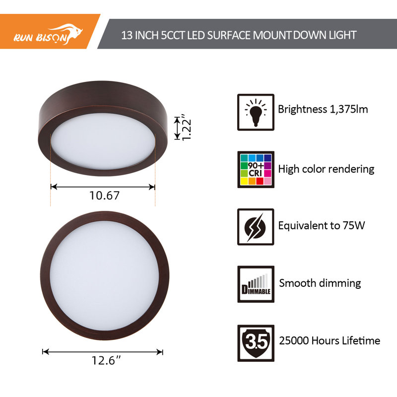 13 in. Round Color Selectable Integrated LED Flush Mount Downlight, Bronze