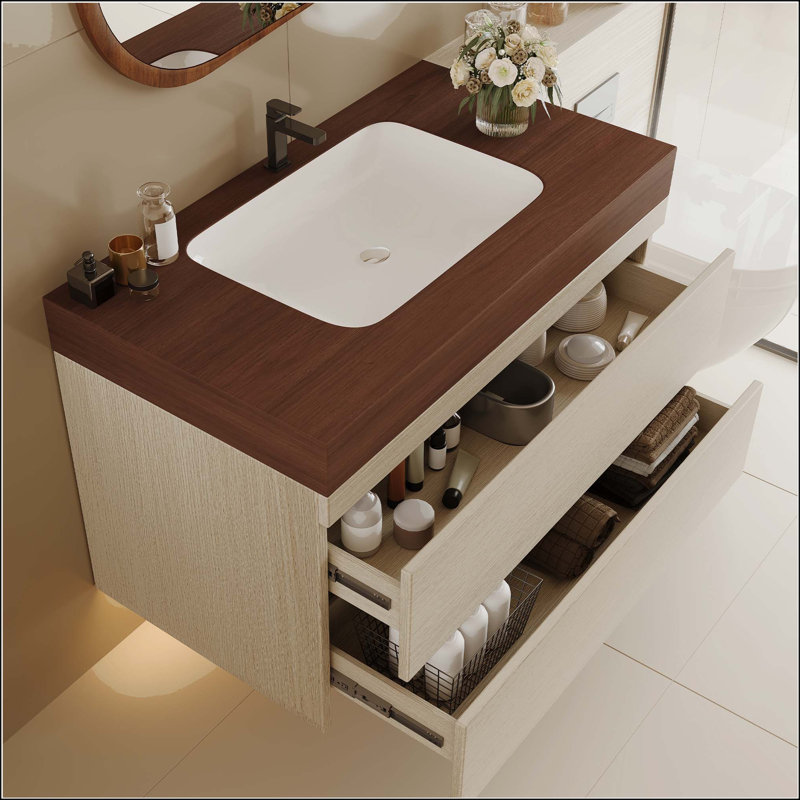 Meuble-lavabo mural 29,9 po avec plateau en faux marbre et tiroirs, Wood, Walnut