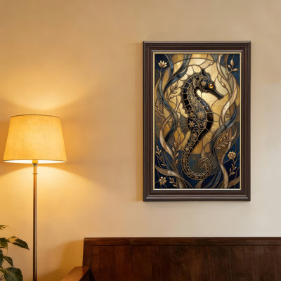 Art mural antique sur toile encadré doré pour le salon, la chambre à coucher, le bureau ou le vestibule - décoration murale décorative avec art hippocampe