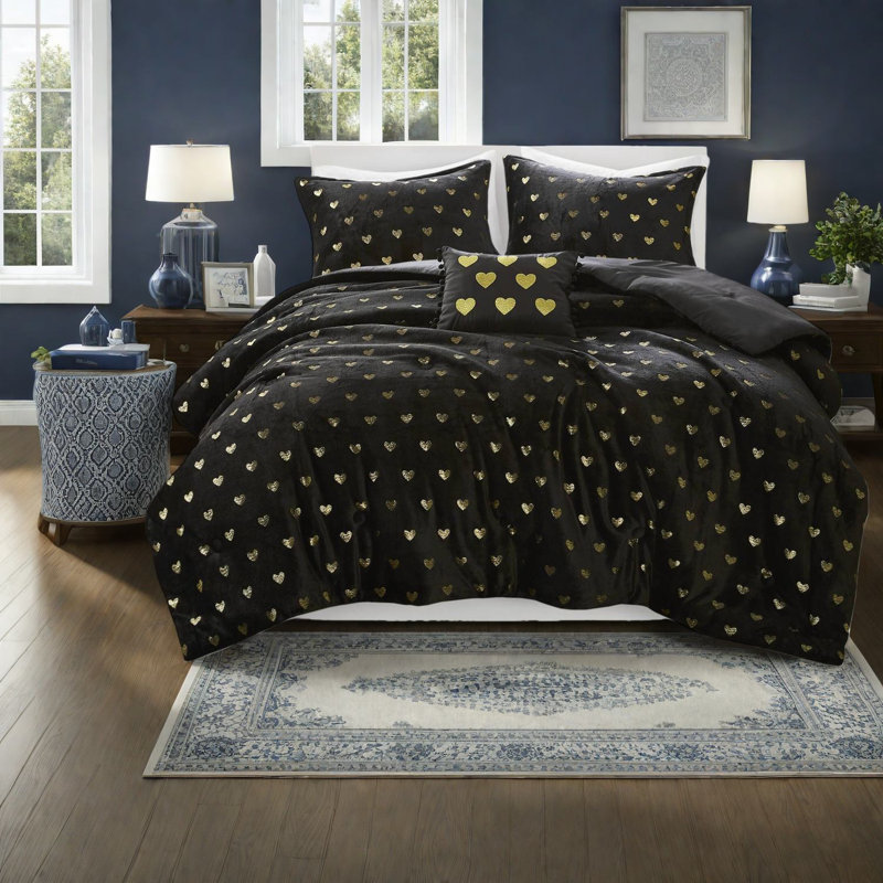 Ensembles de literie luxueux en peluche, lit simple TG, motif moderne noir et cœur doré pour le confort de la maison