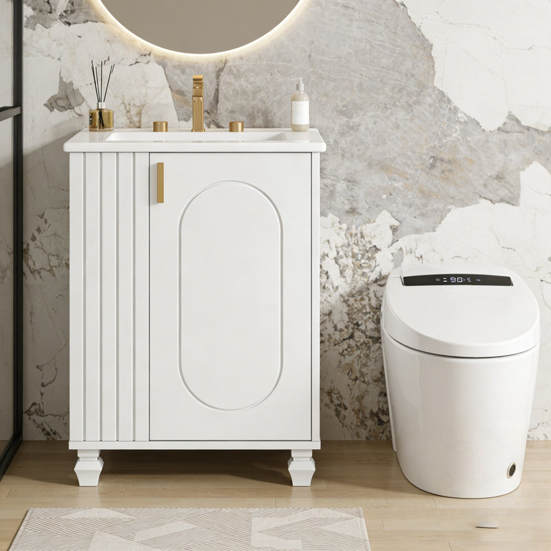 Meuble-lavabo de salle de bain avec lavabo, tablette de porte et rangement latéral ouvert, Blanc